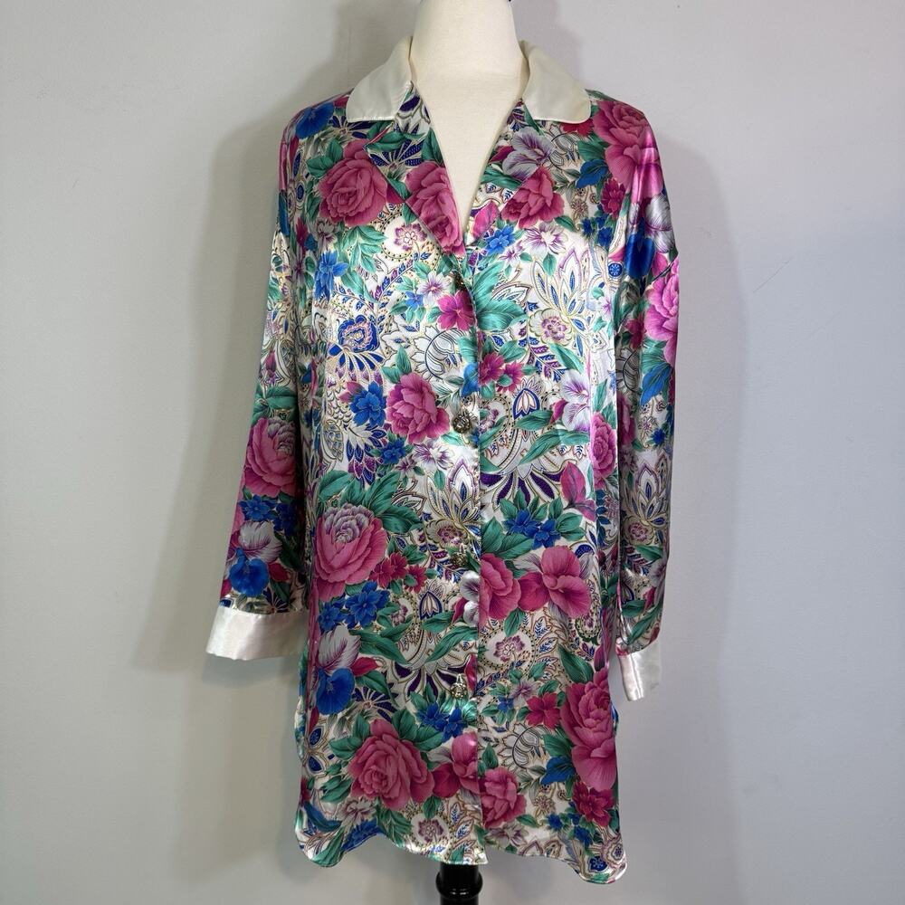 VICTORIA'S SECRET Gold Label Vintage 90s Satin Floral Nightshirt Sleep Shirt M/L